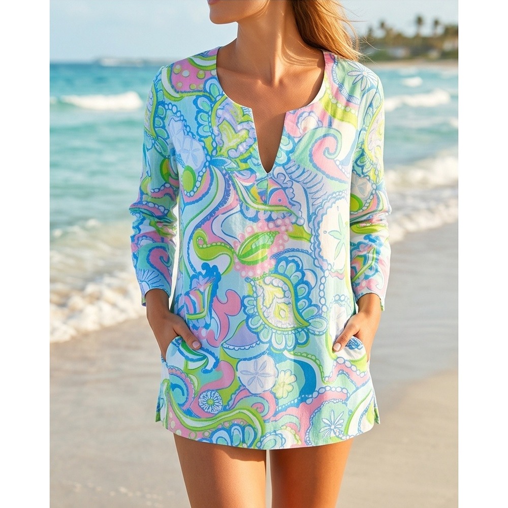 Lilly Pulitzer M Amelia Island Print Cotton Tunic Top Blue Pink Green Medium
